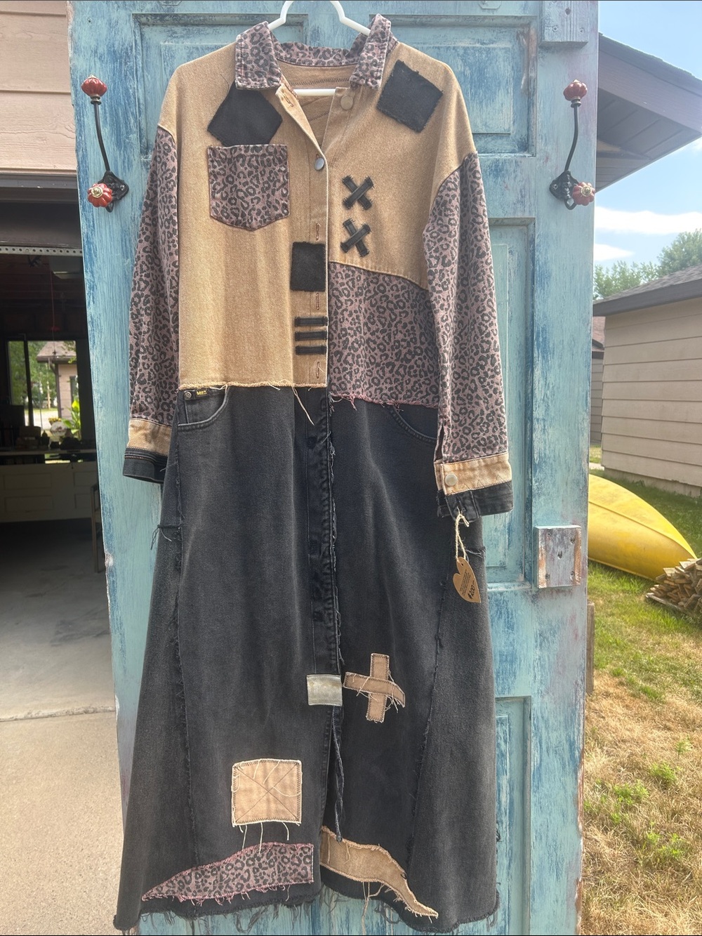 Upcycled leopard print tattered and patched denim jean duster jacket